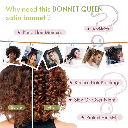 BONNET QUEEN Satin Silk Sleep Cap, Adjustable Women’s/Men’s Bonnet, Night Hair Care Protection Head Cap for Curly, Long Hair, Smooth, Breathable (M, Black)
