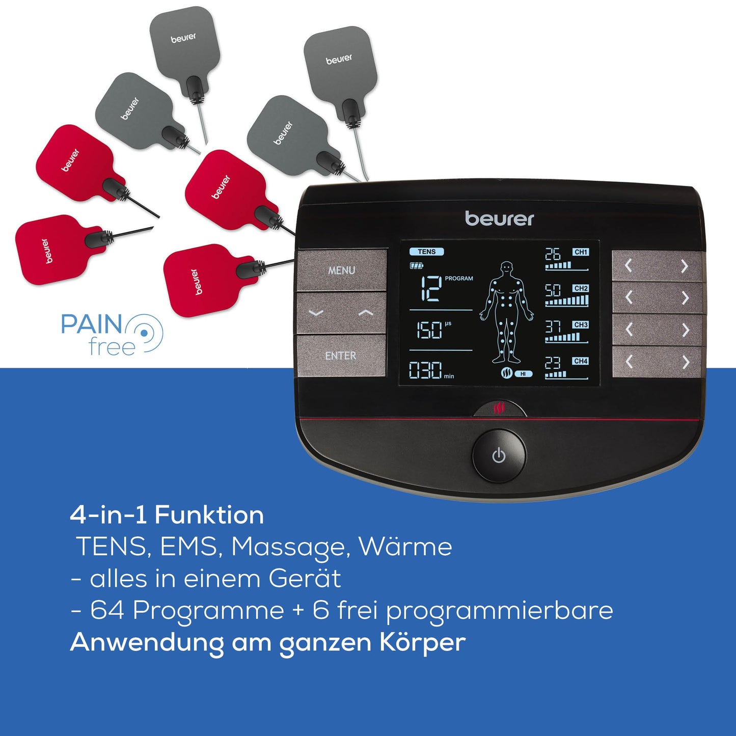 Beurer EM 89 Digital TENS/EMS Gerät mit Wärmefunktion, 4-in-1 Funktion zur Schmerztherapie, Muskelstimulation, Massage und Wärmetherapie, 4 getrennt regelbare Kanäle, 8 Elektroden & Akku