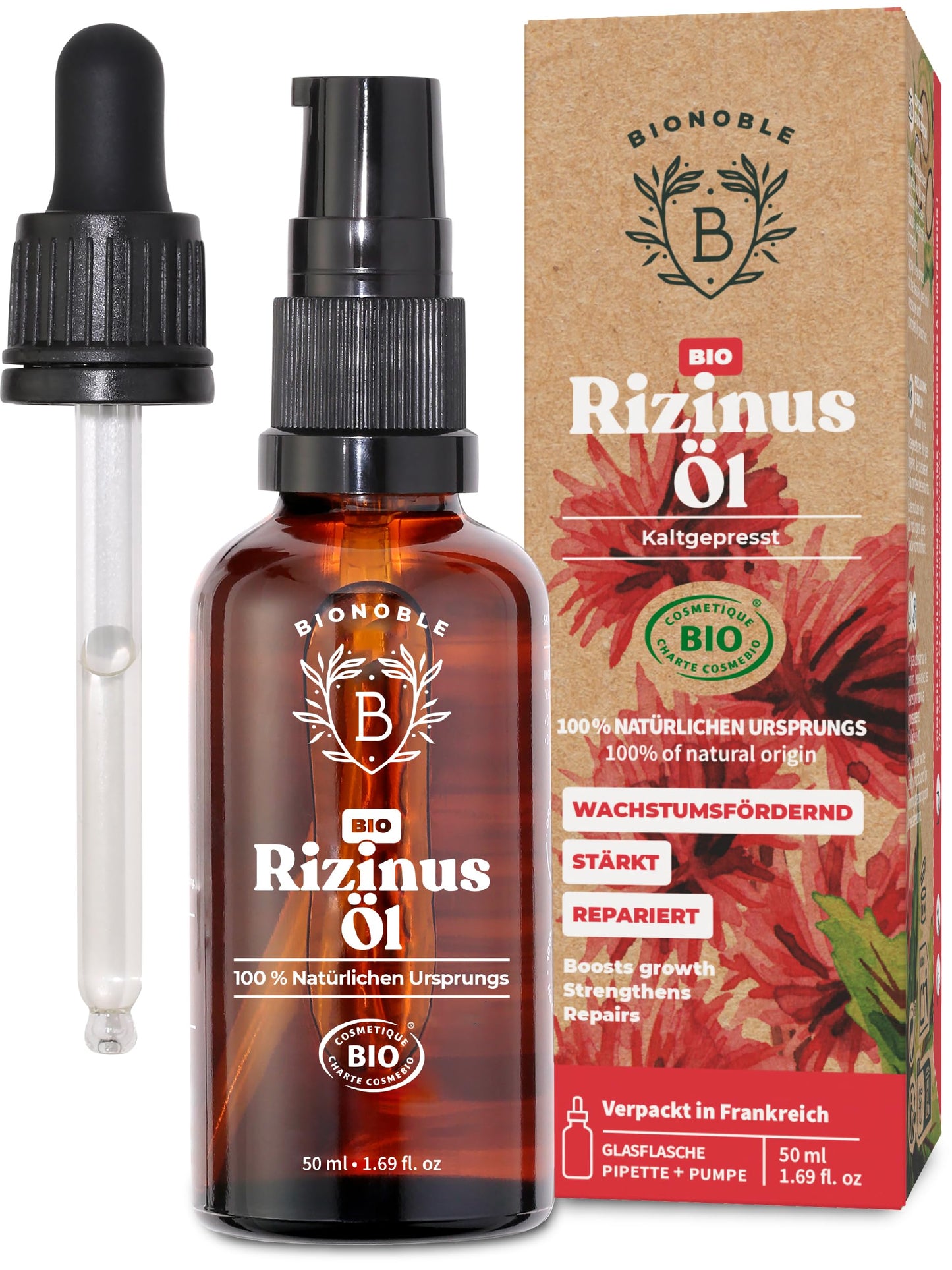 Bionoble Organic Castor Oil, 50 ml, 100% Pure, Natural and Cold Pressed, for Eyelashes, Eyebrows, Hair, Beard, Nails, Vegan and Cruelty-Free, Glass Bottle + Pipette + Pump