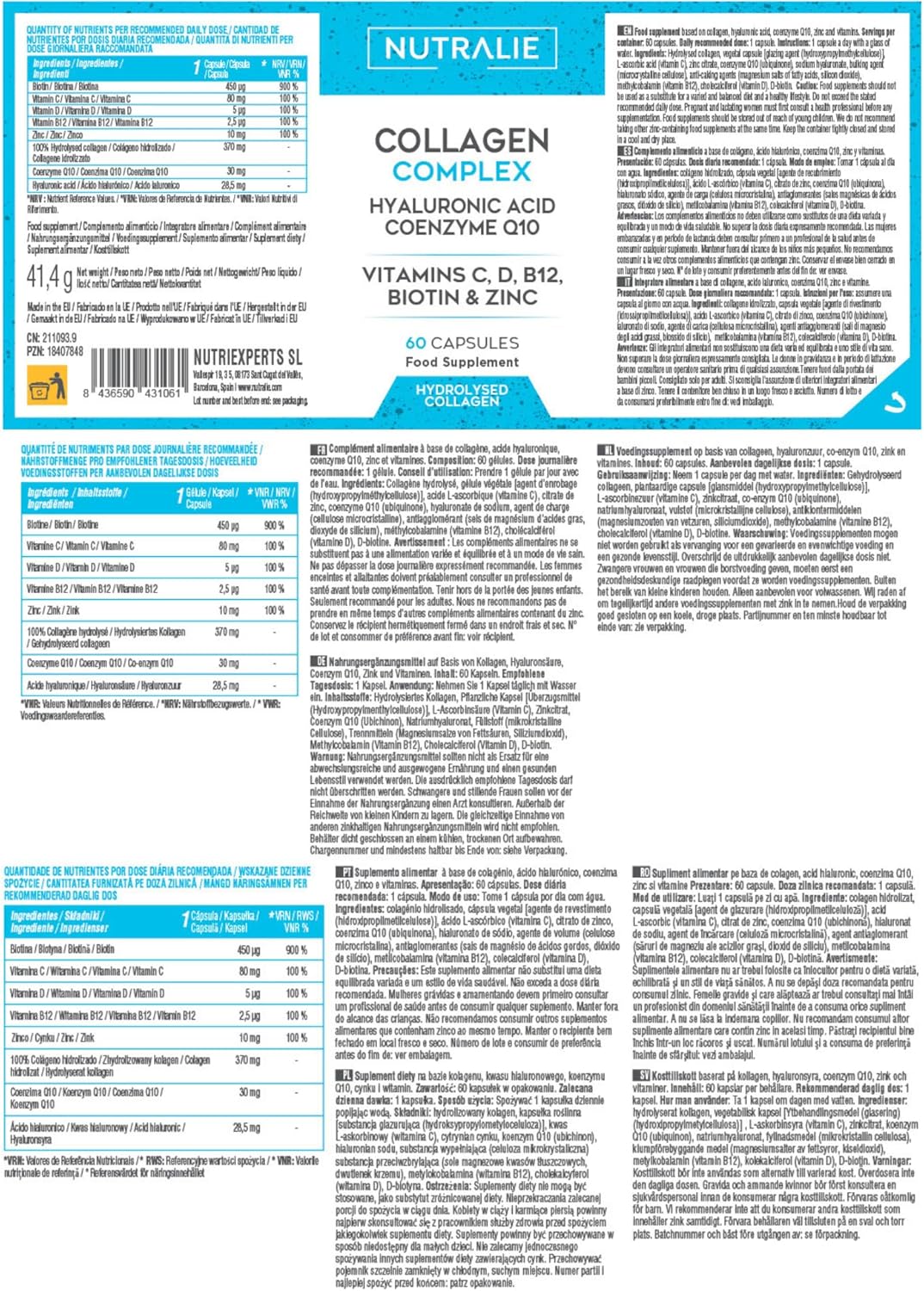 Kollagen Kapseln Komplex + Q10 Hyaluron - Hochdosiert - Gelenke Haut - Biotin Vit C D B12 Zink - Collagen Hydrolysat in 60 Kapseln - Nutralie