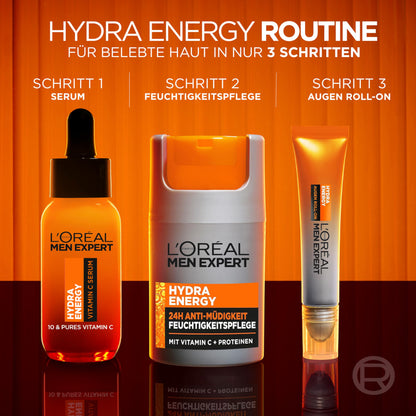 L'Oréal Men Expert Pflegeset gegen müde Haut für Männer, Geschenkset mit Waschgel und Gesichtscreme 24H Anti-Müdigkeit, Geschenke für Herren mit Vitamin C, Hydra Energy, 1 x 100 ml, 1 x 50 ml