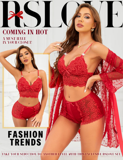 RSLOVE Sexy Lingerie Set for Women - Lace Underwear Dressing Gown with Bra and Panties