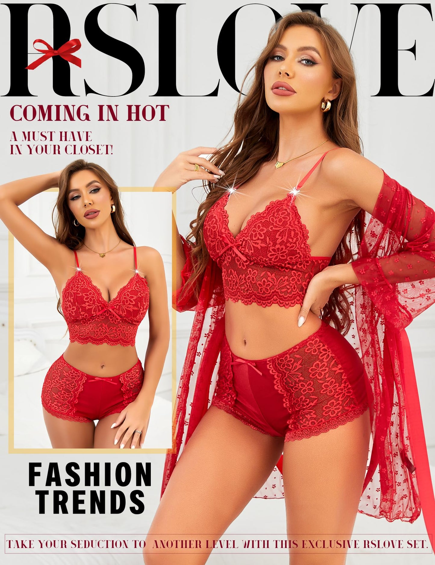 RSLOVE Sexy Lingerie Set for Women - Lace Underwear Dressing Gown with Bra and Panties