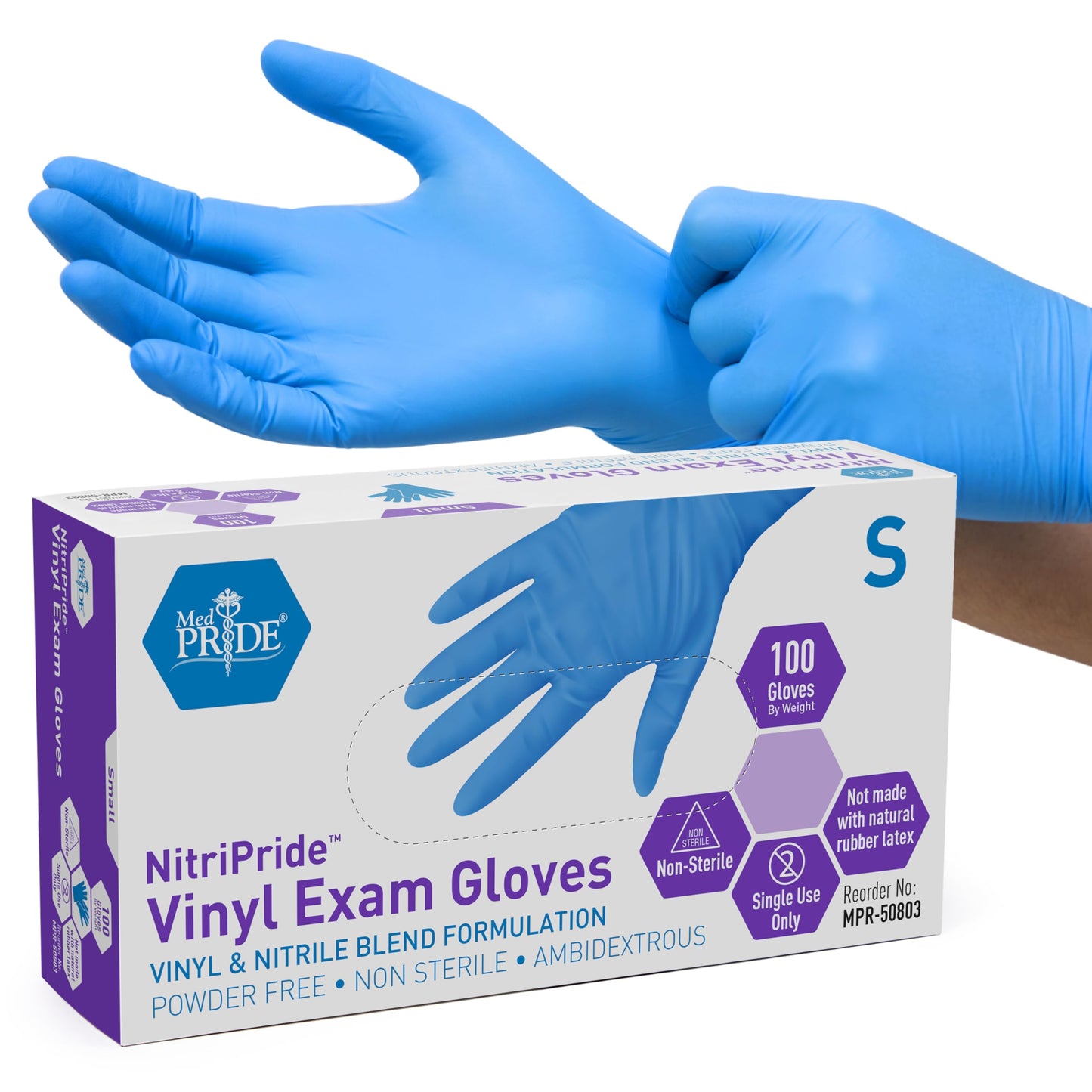 MED PRIDE Disposable Powder Free Non Latex Single Use Medical Exam Gloves, Nitrile Vinyl Blend for Cleaning and Food Handling (Small 100)