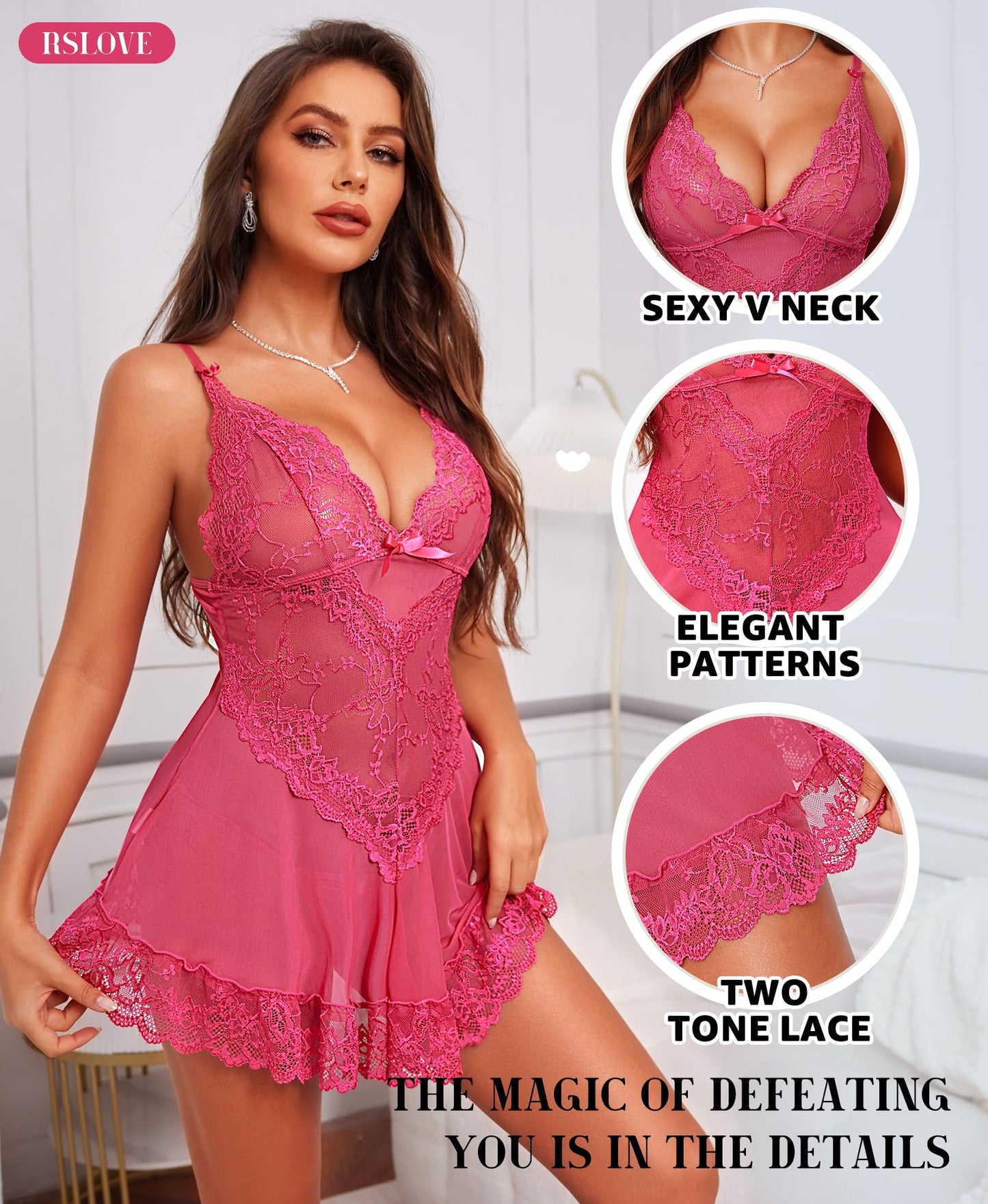 RSLOVE Babydoll Lingerie for Women, Lace Chemise, Sexy Sleepwear, Dress