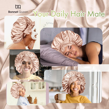BONNET QUEEN Satin Silk Sleep Cap, Adjustable Women’s/Men’s Bonnet, Night Hair Care Protection Head Cap for Curly, Long Hair, Smooth, Breathable (M, Black)