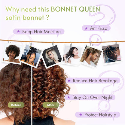 BONNET QUEEN Satin Silk Sleep Cap, Adjustable Women’s/Men’s Bonnet, Night Hair Care Protection Head Cap for Curly, Long Hair, Smooth, Breathable (M, Black)