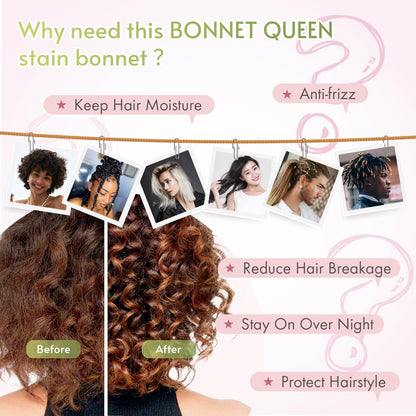 BONNET QUEEN Satin Silk Sleep Cap, Adjustable Women’s/Men’s Bonnet, Night Hair Care Protection Head Cap for Curly, Long Hair, Smooth, Breathable (M, Black)