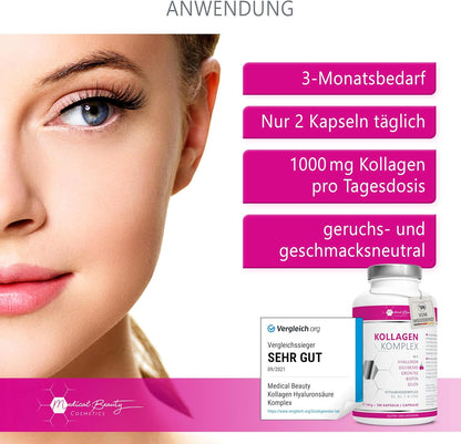 Premium Kollagen Hyaluronsäure Komplex - mit dem Superfood Gojibeere und Grüntee - 180 Kollagen Kapseln vom Weiderind. 1000mg Kollagen Hydrolysat, Biotin, Selen, Zink, Vitamine C, B2, B3.