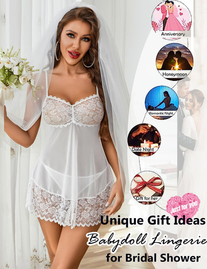 Avidlove Women's Negligee Babydoll Lingerie Sexy Lace Underwear Nightdress Set Lingerie Sleepwear V-Neck Teddy Dress with G-String Women Night Dress Chemise