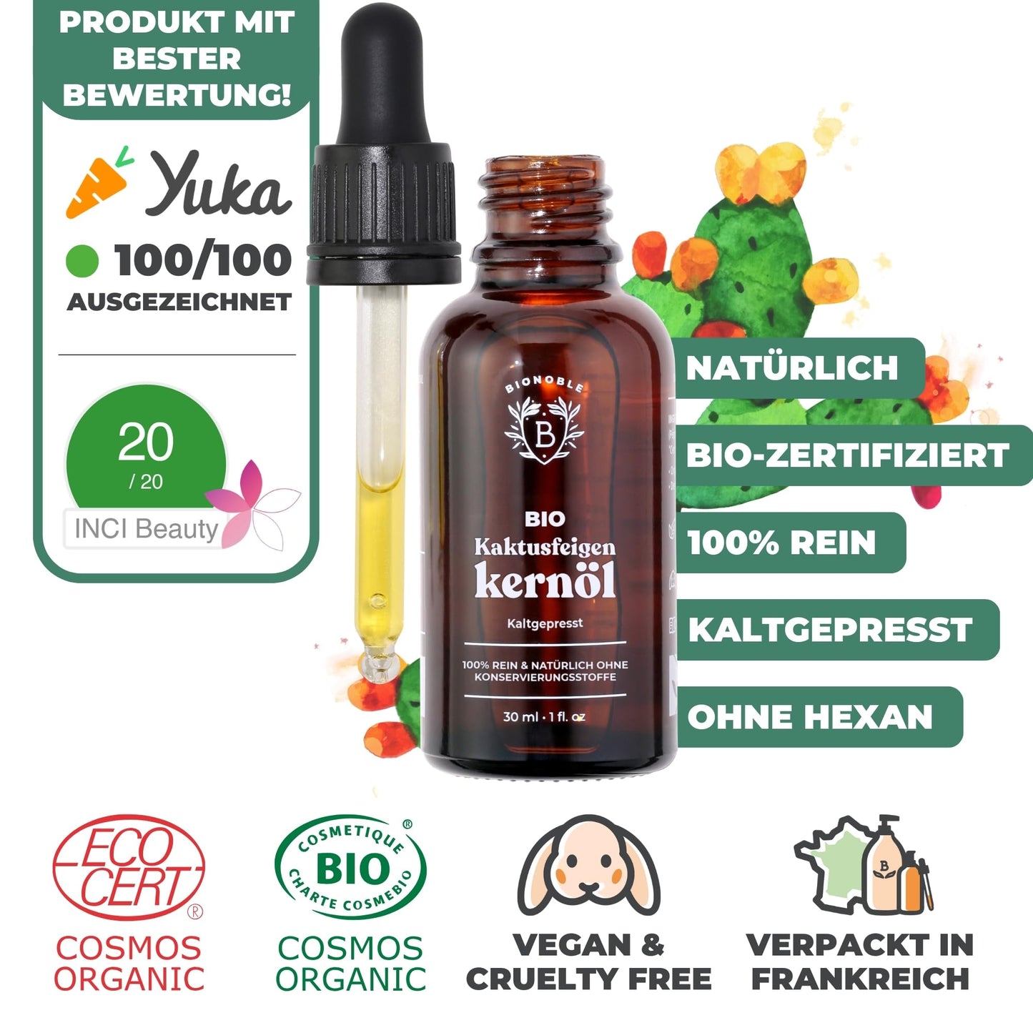 Bionoble Organic Castor Oil, 50 ml, 100% Pure, Natural and Cold Pressed, for Eyelashes, Eyebrows, Hair, Beard, Nails, Vegan and Cruelty-Free, Glass Bottle + Pipette + Pump