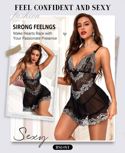 RSLOVE Babydoll Lingerie for Women, Lace Chemise, Sexy Sleepwear, Dress