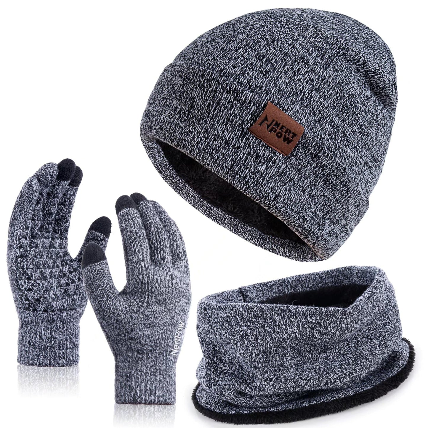 Nertpow Mütze, Schal & Handschuh-Sets für Damen Herren,Touchscreen Handschuhe Winter Beanie Mütze Stricken mit Fleece Gefüttert Schal Halswärmer Geschenk Set