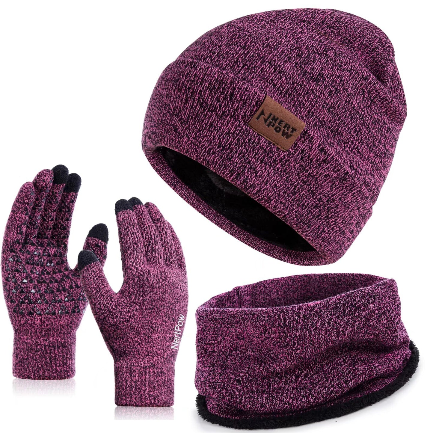 Nertpow Mütze, Schal & Handschuh-Sets für Damen Herren,Touchscreen Handschuhe Winter Beanie Mütze Stricken mit Fleece Gefüttert Schal Halswärmer Geschenk Set