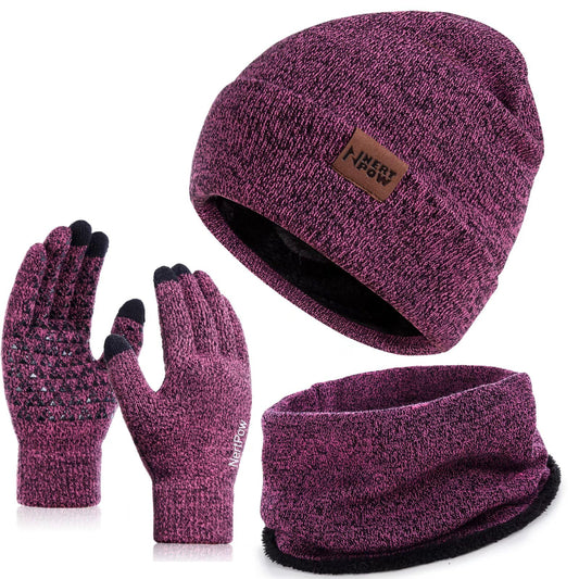 Nertpow Mütze, Schal & Handschuh-Sets für Damen Herren,Touchscreen Handschuhe Winter Beanie Mütze Stricken mit Fleece Gefüttert Schal Halswärmer Geschenk Set