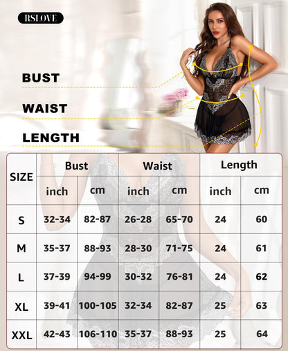 RSLOVE Babydoll Lingerie for Women, Lace Chemise, Sexy Sleepwear, Dress