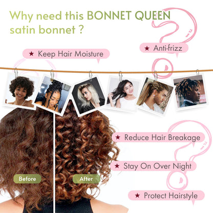 BONNET QUEEN Satin Silk Sleep Cap, Adjustable Women’s/Men’s Bonnet, Night Hair Care Protection Head Cap for Curly, Long Hair, Smooth, Breathable (M, Black)