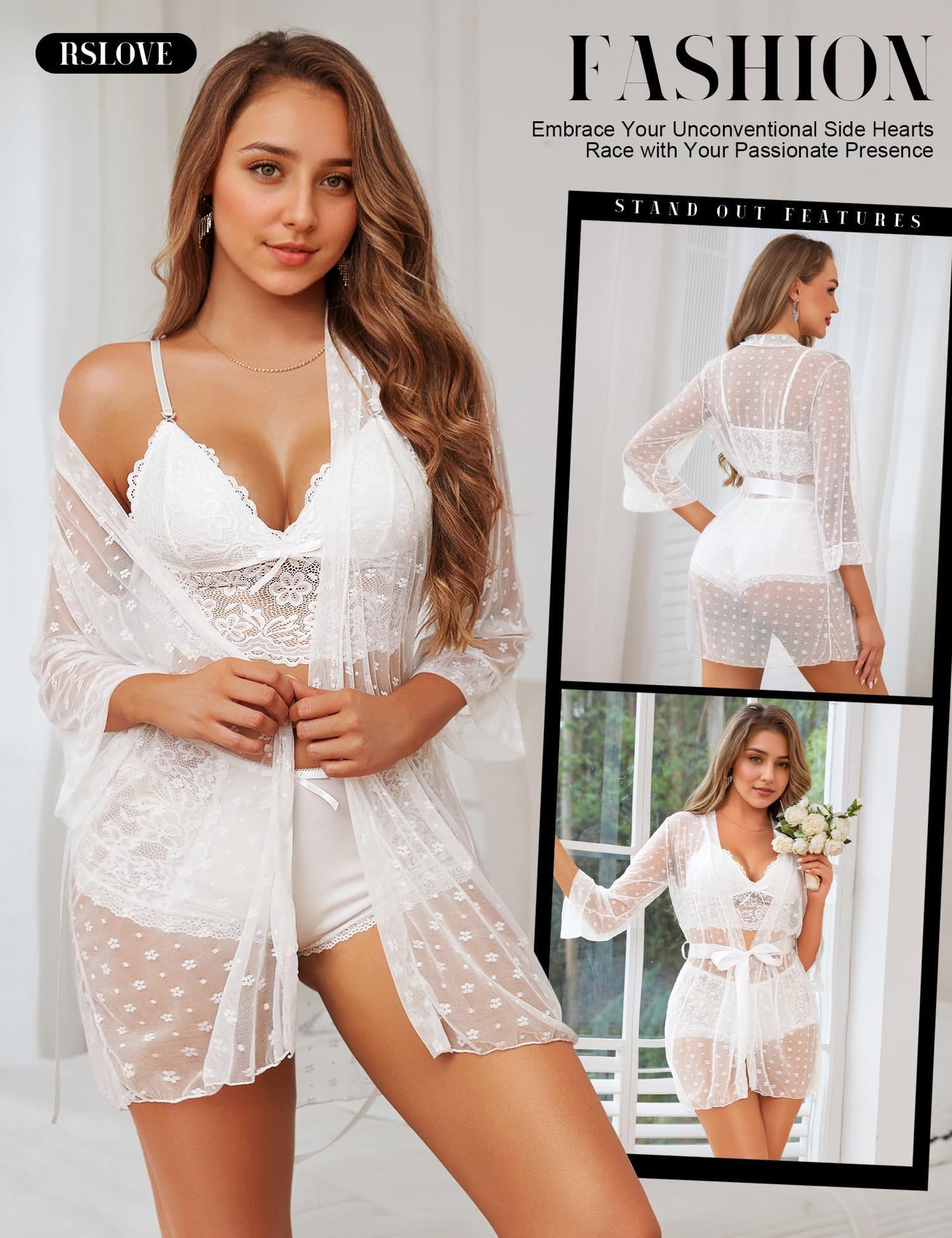 RSLOVE Sexy Lingerie Set for Women - Lace Underwear Dressing Gown with Bra and Panties