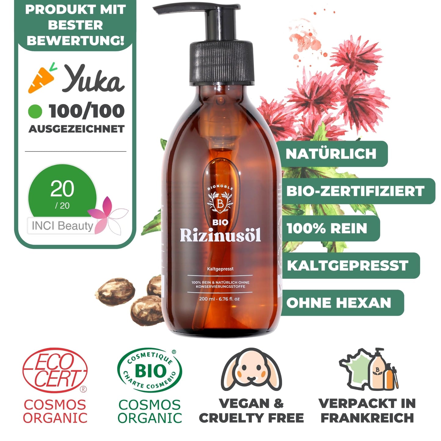 Bionoble Organic Castor Oil, 50 ml, 100% Pure, Natural and Cold Pressed, for Eyelashes, Eyebrows, Hair, Beard, Nails, Vegan and Cruelty-Free, Glass Bottle + Pipette + Pump