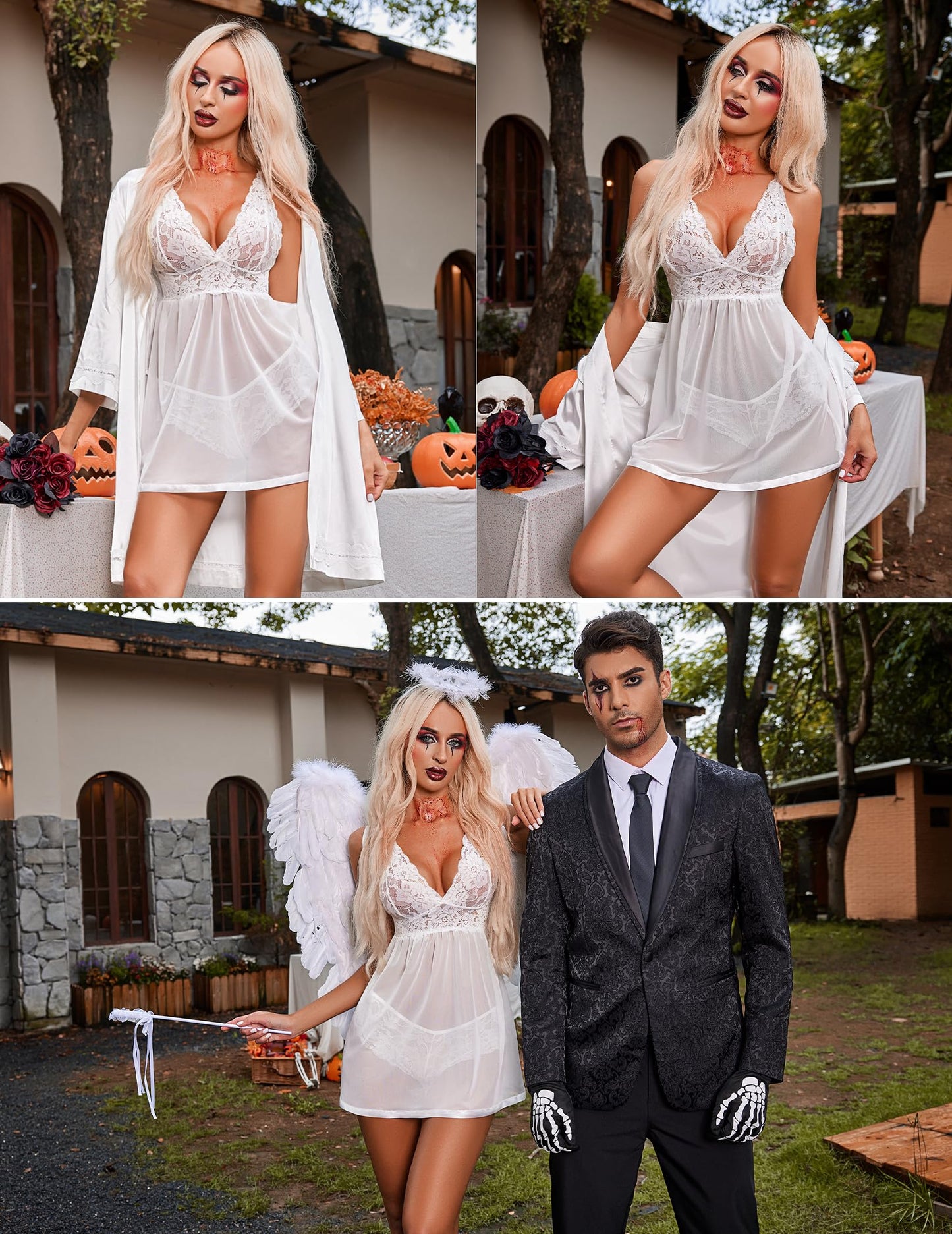 ADOME Lace Negligee V-Neck Babydoll Lingerie Open Back Sleepwear Dress Lingerie Underwear for Women with Panties