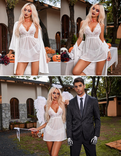 ADOME Lace Negligee V-Neck Babydoll Lingerie Open Back Sleepwear Dress Lingerie Underwear for Women with Panties