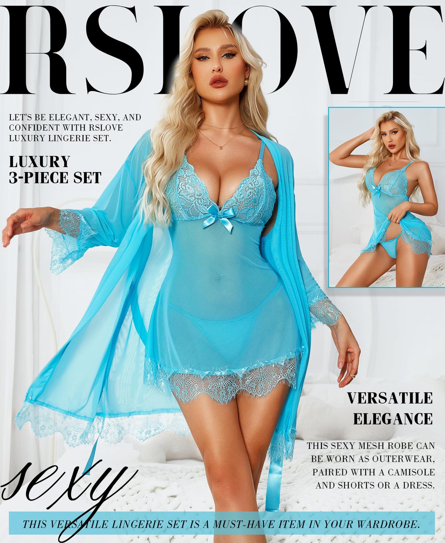 RSLOVE Sexy Lingerie for Women, Lace Babydoll with Dressing Gown, Night Dress, Sleepwear