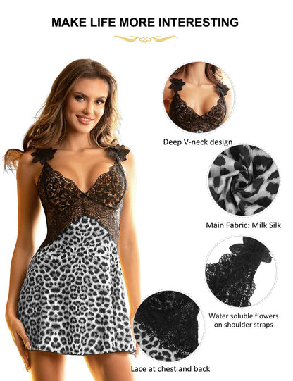 ohmydear Babydoll Lingerie for Women Large Sizes Negligee Women's Sexy Leopard Dress V-Neck Nightdress Women's Sexy Sleepwear with Briefs Soft Comfortable