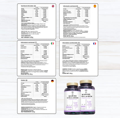 Marine collagen hydrolysate capsules high-dose hyaluronic acid, vitamin C. Joint bone and skin care, anti-ageing. Premium Peptan collagen 90 Vegetable capsules CE. N2 Natural Nutrition
