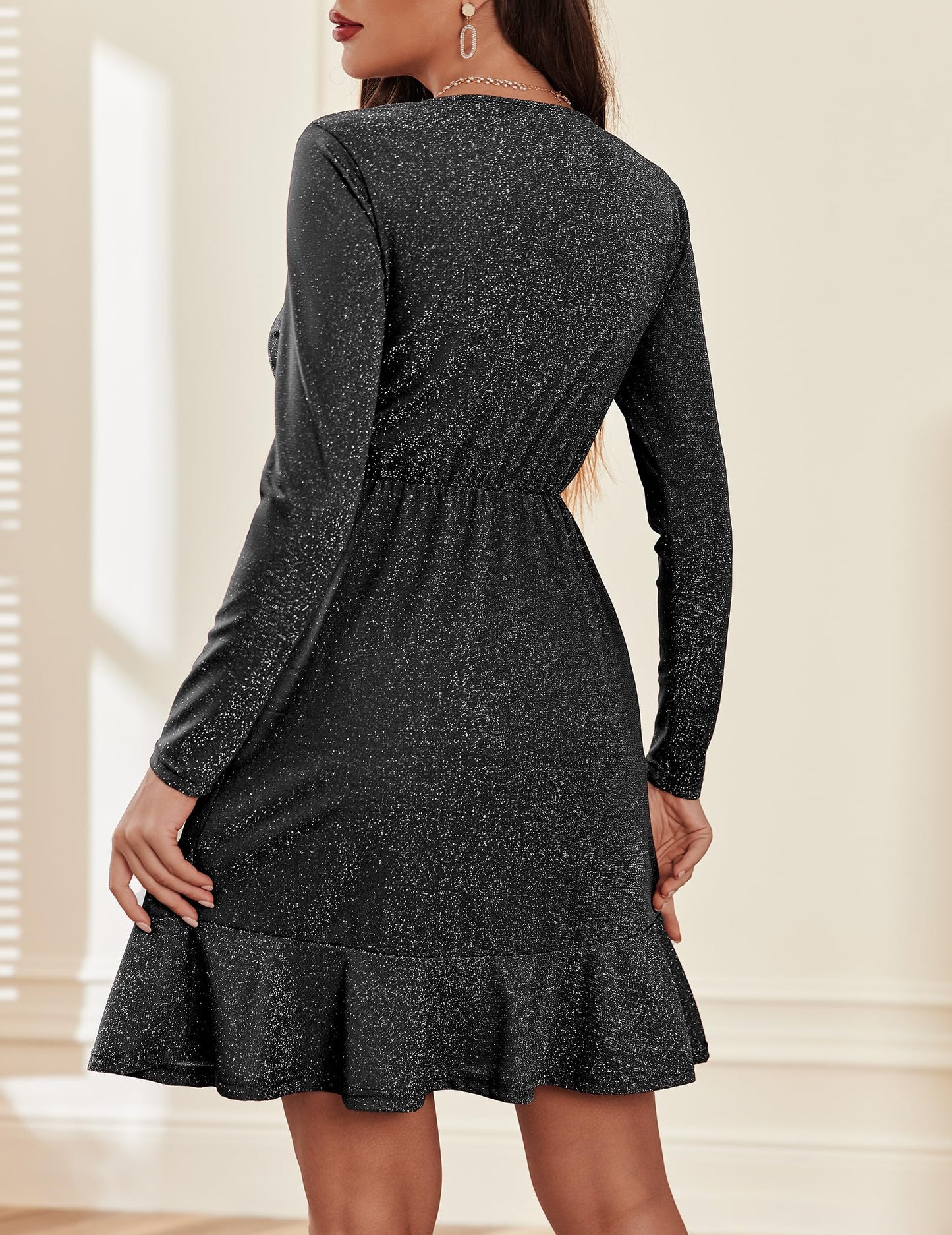 Zeagoo Women's Christmas Dress, Elegant Winter Dress, Festive Sequin Dress, Long-Sleeved Party Dress with V-Neck, Ruffle Hem, Glitter Dress, Sparkly Midi Dress, Cocktail Dress, Prom Dress