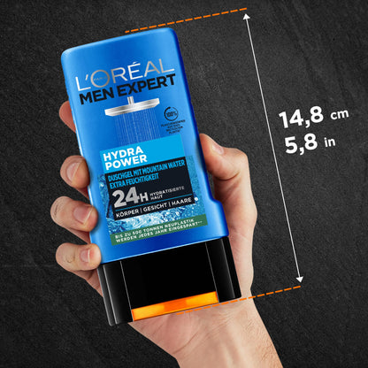 L'Oréal Men Expert Duschgel und Shampoo für Männer, Duschbad zur Reinigung von Körper, Haar und Gesicht, Herren Körperpflege für hydratisierte Haut mit Mountain Water, Hydra Power, 1 x 250 ml