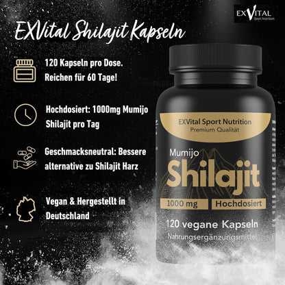Mumijo Shilajit Capsules, High Dose 1000 mg per Daily Dose, The Original from the Himalayas, 120 Capsules, Vegan & Laboratory Tested