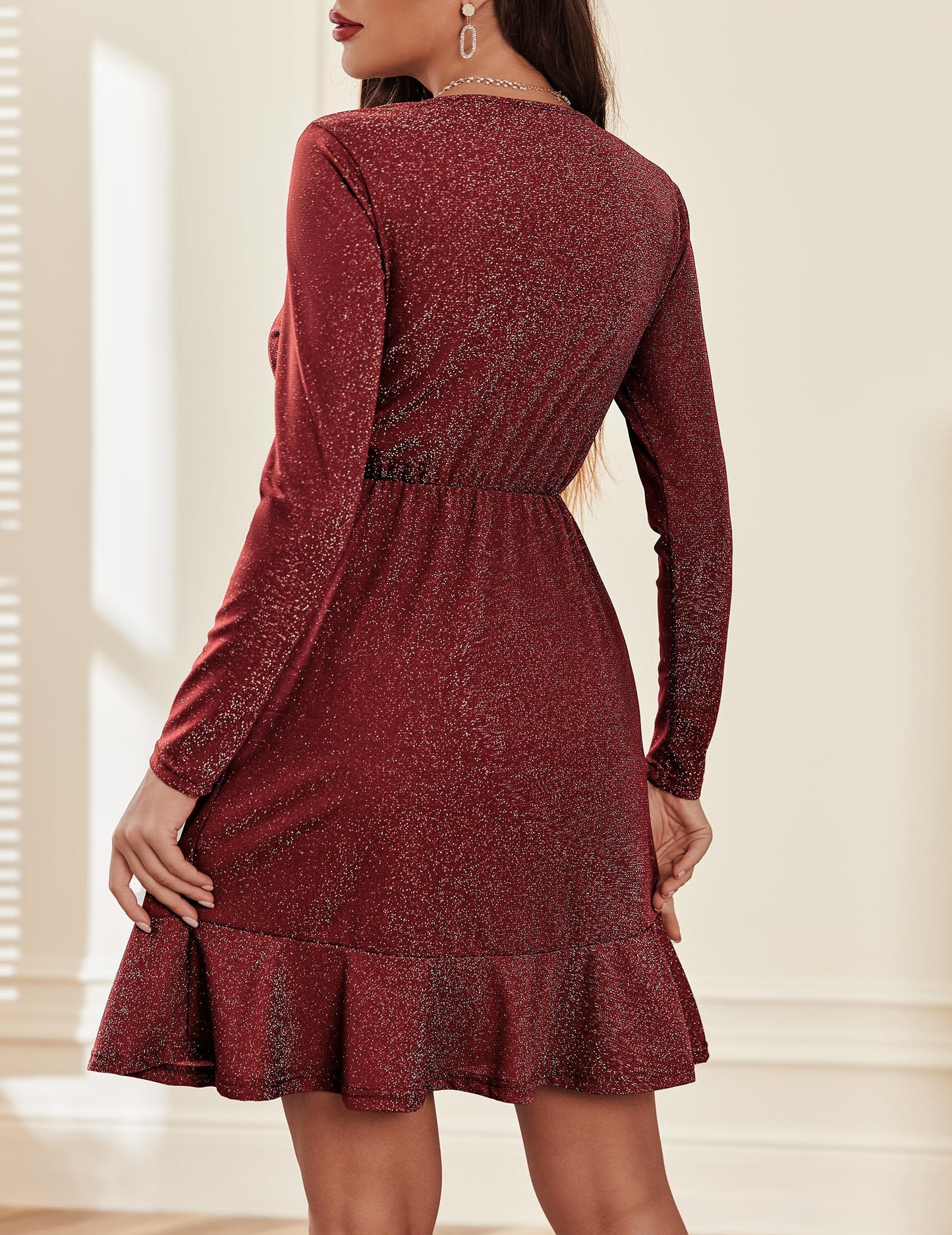 Zeagoo Women's Christmas Dress, Elegant Winter Dress, Festive Sequin Dress, Long-Sleeved Party Dress with V-Neck, Ruffle Hem, Glitter Dress, Sparkly Midi Dress, Cocktail Dress, Prom Dress