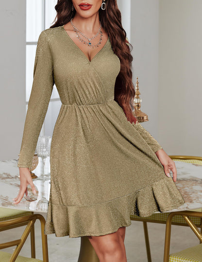 Zeagoo Women's Christmas Dress, Elegant Winter Dress, Festive Sequin Dress, Long-Sleeved Party Dress with V-Neck, Ruffle Hem, Glitter Dress, Sparkly Midi Dress, Cocktail Dress, Prom Dress