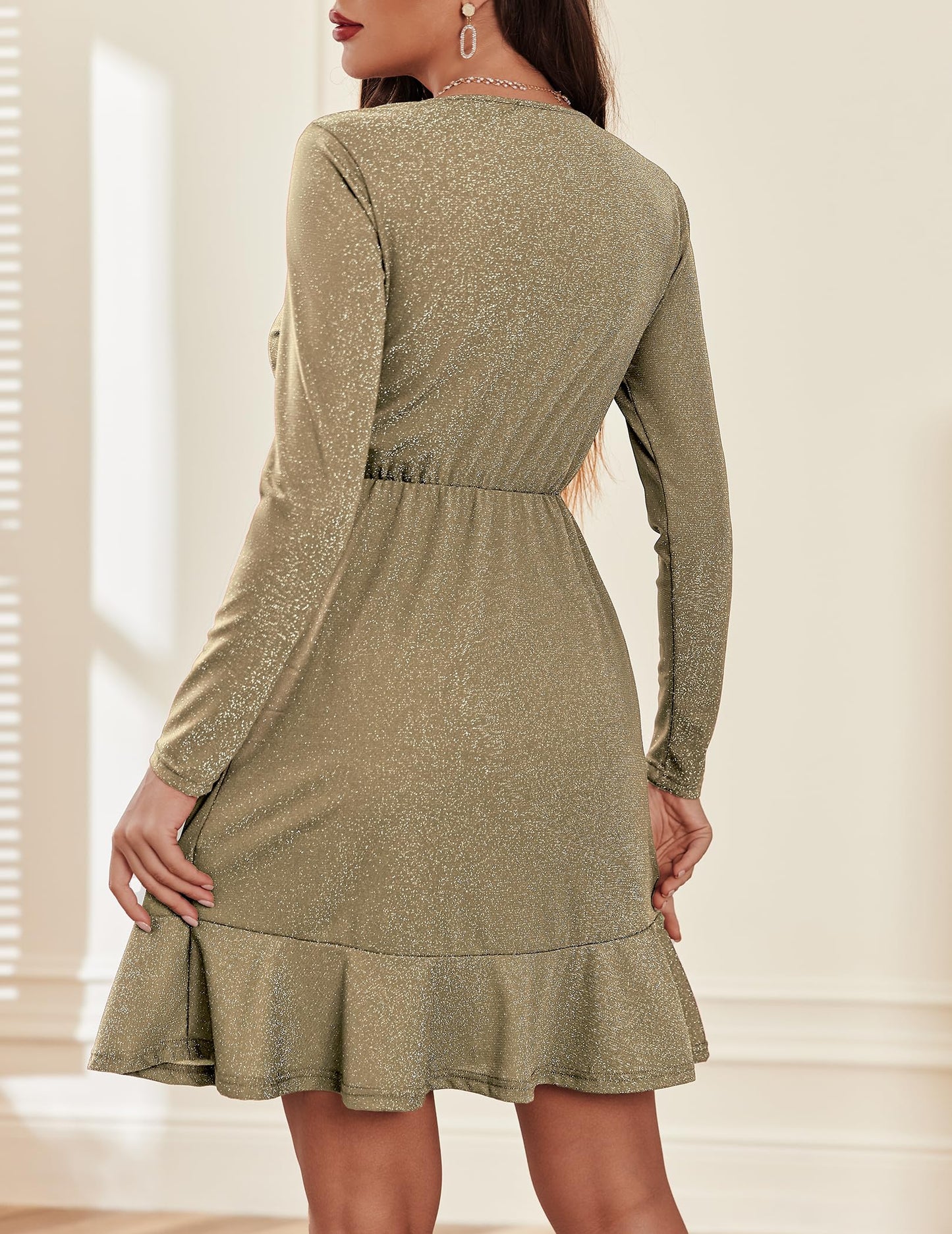 Zeagoo Women's Christmas Dress, Elegant Winter Dress, Festive Sequin Dress, Long-Sleeved Party Dress with V-Neck, Ruffle Hem, Glitter Dress, Sparkly Midi Dress, Cocktail Dress, Prom Dress