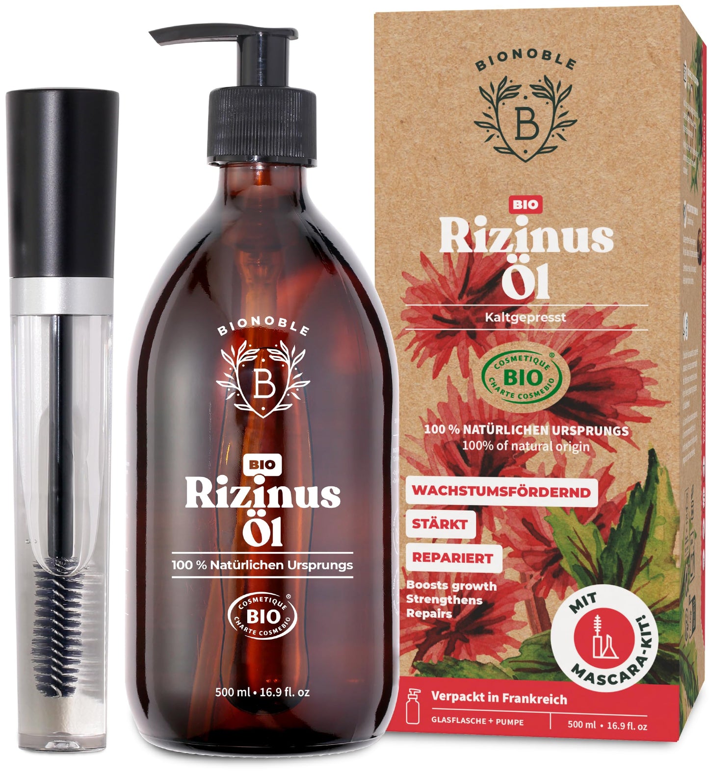 Bionoble Organic Castor Oil, 50 ml, 100% Pure, Natural and Cold Pressed, for Eyelashes, Eyebrows, Hair, Beard, Nails, Vegan and Cruelty-Free, Glass Bottle + Pipette + Pump