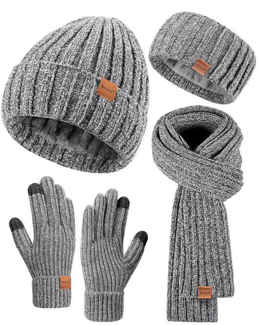 Winuesa Stirnband, Mütze, Schal & Handschuh-Sets für Damen, Chenille Beanie Mütze Mit Fleece Gefüttert Ohrenwärmer Stricken Schal Touchscreen Handschuhe Warm 4-in-1 Geschenk Set