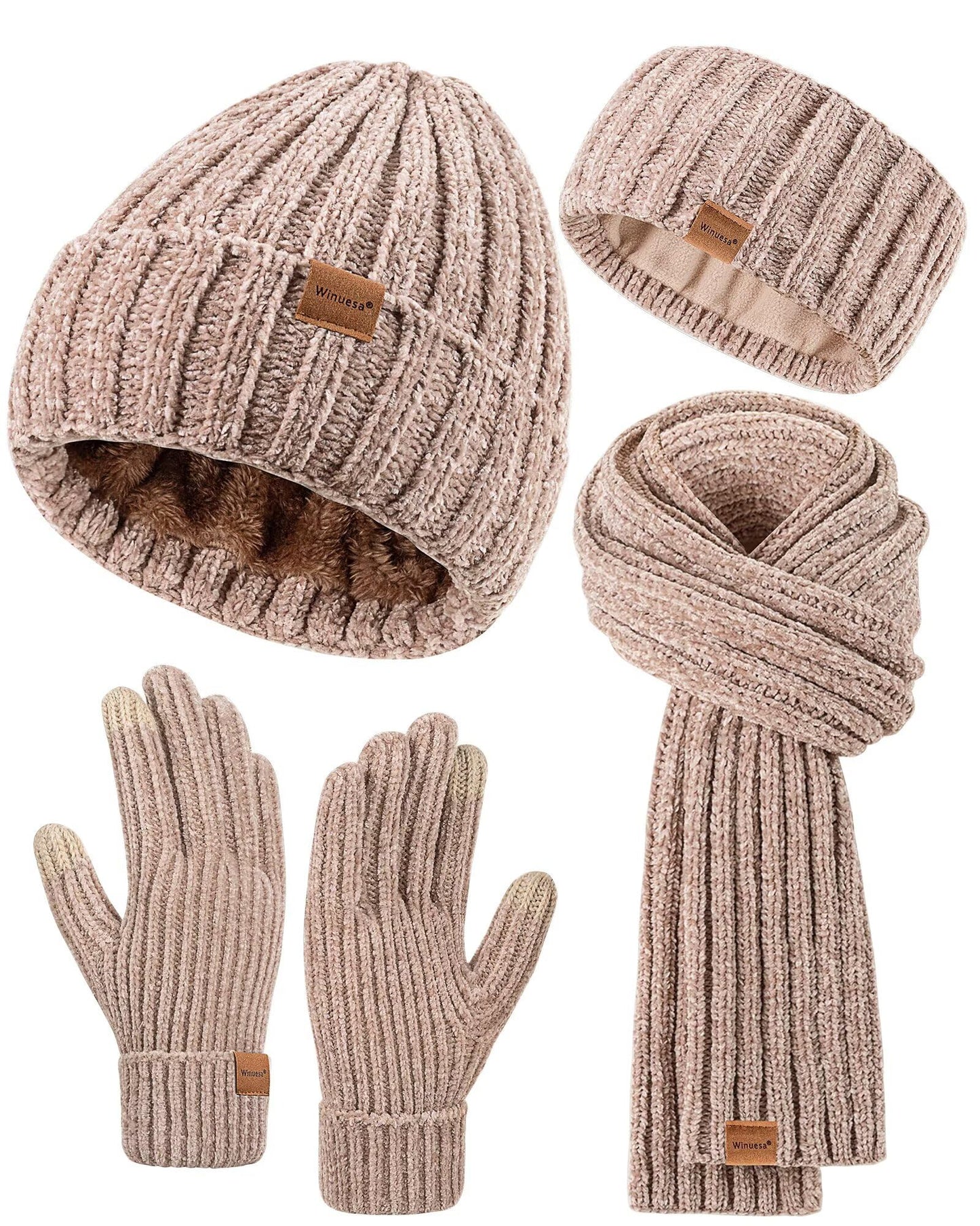 Winuesa Stirnband, Mütze, Schal & Handschuh-Sets für Damen, Chenille Beanie Mütze Mit Fleece Gefüttert Ohrenwärmer Stricken Schal Touchscreen Handschuhe Warm 4-in-1 Geschenk Set