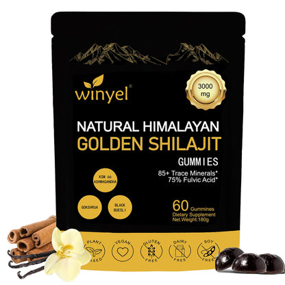 Shilajit Gummies, Himalayan Shilajit Supplements, Ashwagandha, Gokshura, 85 Trace Minerals, High Potency Gold Grade, 60 Gummies For Energy Boost, Immune Support, Non-GMO