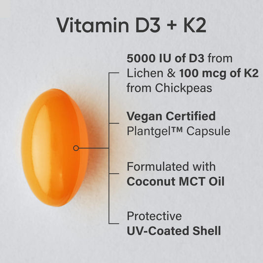 Vitamin D3 K2 With Coconut Oil  Plant Based Vitamin K2 MK7  Vegan D3 5000iu  Vegan Certified, Soy  Gluten Free - 60 Count Softgels