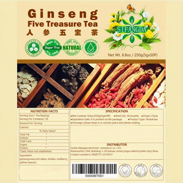 8.81 Oz Five Treasures Ginseng Tea - 250g, 50 Pieces, 5g
