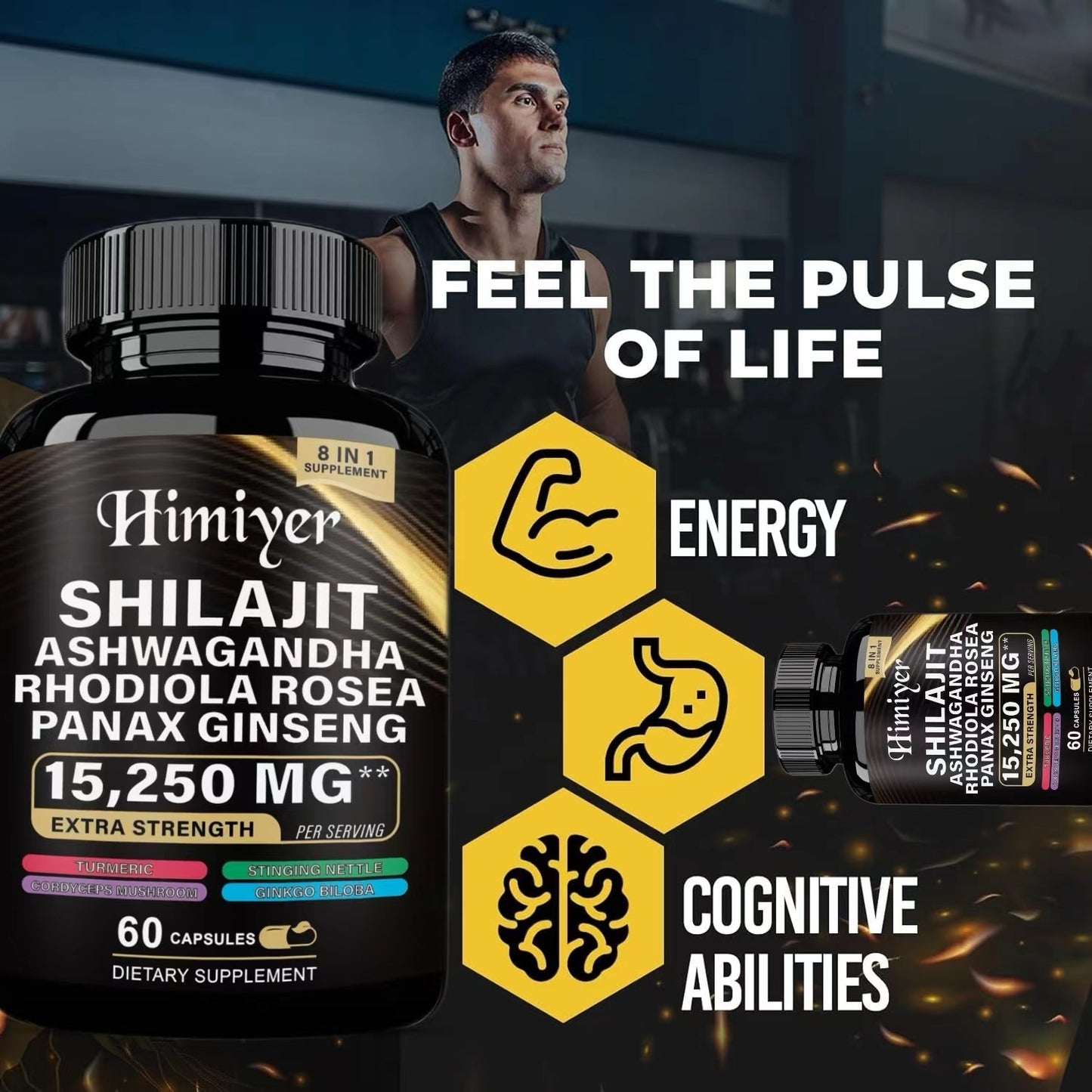 Shilajit 9000 Panax Ginseng 1500MG Ashwagandha 2000MG Rhodiola Rosea 999MG, Turmeric 500MG, Gingko Biloba 500MG, Stinging Nettle 250MG, Cordyceps Mushroom 500MG  60 Caps