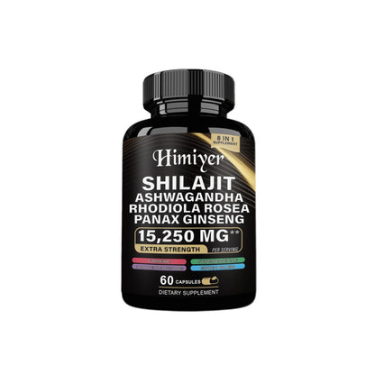 Shilajit 9000 Panax Ginseng 1500MG Ashwagandha 2000MG Rhodiola Rosea 999MG, Turmeric 500MG, Gingko Biloba 500MG, Stinging Nettle 250MG, Cordyceps Mushroom 500MG  60 Caps