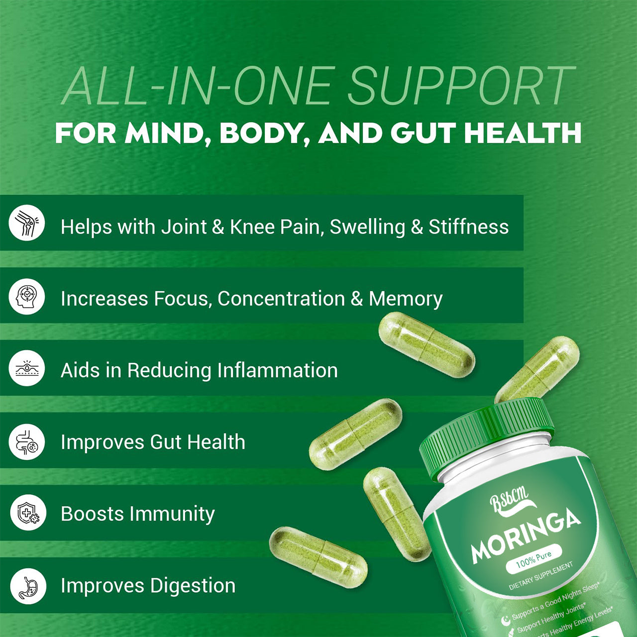 Pure Moringa Powder Capsules Of Nutrient-Rich Moringa - Natural Antioxidant Superfood - Promotes Energy, Skin Health, Gut Well-Being - With Essential Vitamins & Amino Acids 60 Count