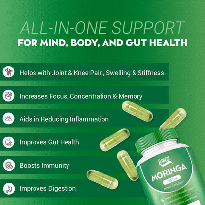 Pure Moringa Powder Capsules Of Nutrient-Rich Moringa - Natural Antioxidant Superfood - Promotes Energy, Skin Health, Gut Well-Being - With Essential Vitamins & Amino Acids 60 Count