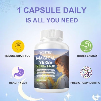 WINYEL Yerba Mate Capsules 75mg Natural Caffeine Per Capsule Natural Plant-Based Energy & Focus Support Supports Mental Clarity & Digestive Wellness Gut Health 60 Capsules